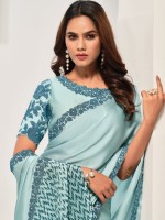 Sky Blue Crepe Satin Silk Saree